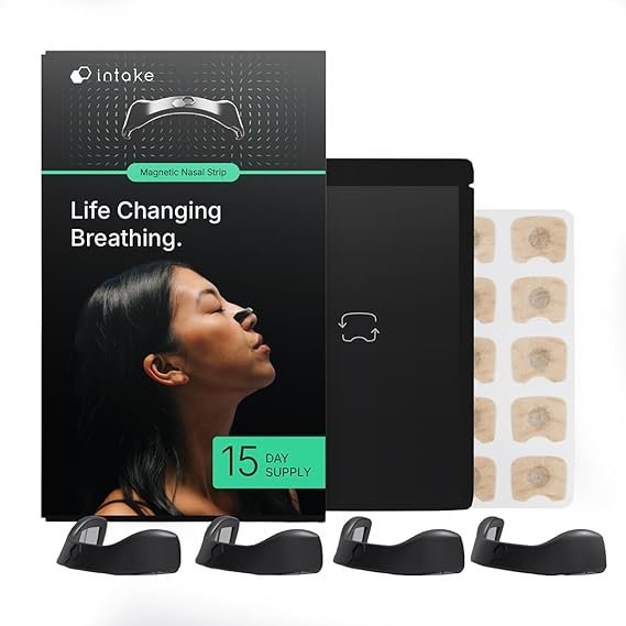 Intake Breathing — Magnetic Nasal Strips Starter Kit | Reusable Band + Tabs | Nasal Strips for Sleep, Snoring, Breathing &amp; Sports | Stronger Lift Than Traditional Nose Strips | 4 Sizes, 15 Tabs, Black