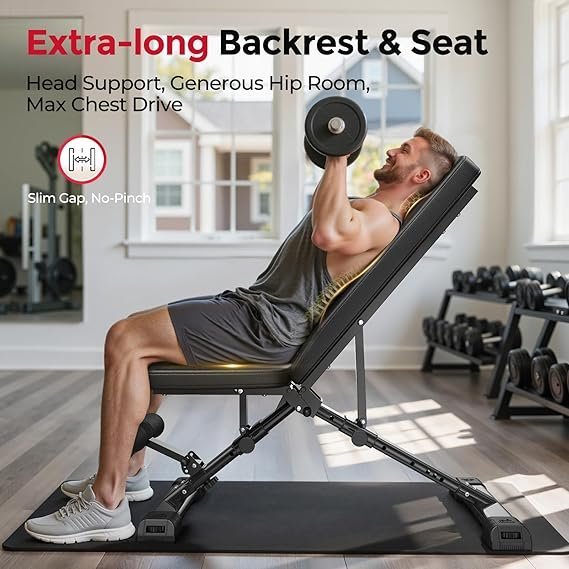 FLYBIRD WB5 Weight Bench, ASTM-Certified 800LBS Adjustable Weight Bench Workout Bench Foldable for Home Gym, 90° to -30° FID and 30in Extended Backrest for Bench Press Strength Training Exercise