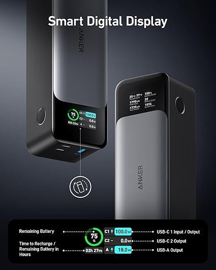 Anker 737 Power Bank, 140W Max 3-Port Laptop Portable Charger, 24,000mAh, Smart Display, Compatible with iPhone 16 / 15 / 14 Series, Vision Pro, Samsung, MacBook, and More