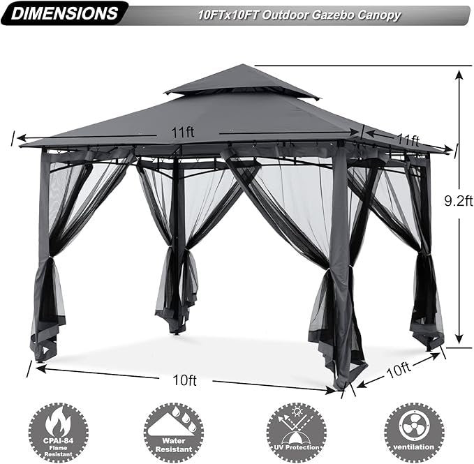 ABCCANOPY Gazebos for Patios 10×10 – Outdoor Steel Frame Gazebo with Mosquito Netting for Lawn Backyard Garden Deck (Dark Gray)