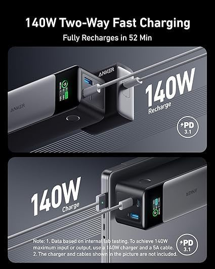 Anker 737 Power Bank, 140W Max 3-Port Laptop Portable Charger, 24,000mAh, Smart Display, Compatible with iPhone 16 / 15 / 14 Series, Vision Pro, Samsung, MacBook, and More