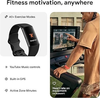 Fitbit Charge 6 Fitness Tracker with Google apps, Heart Rate on Exercise Equipment, 6-Months Premium Membership Included, GPS, Health Tools and More, Obsidian/Black, One Size (S &amp; L Bands Included)